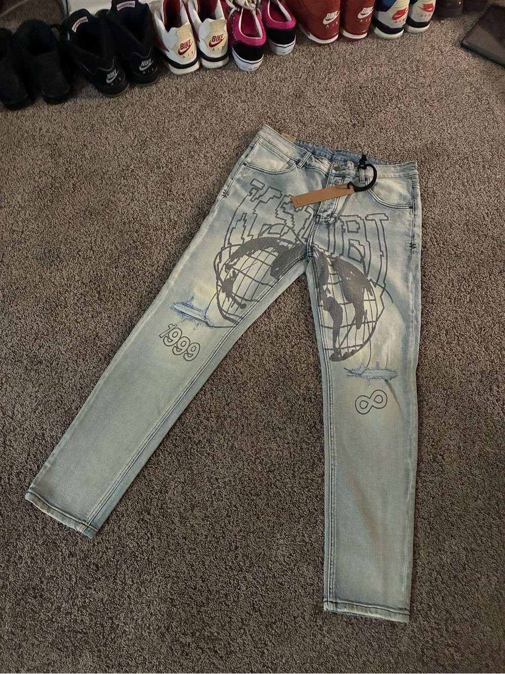 Ksubi Light Blue Skinny Jeans with Globe Print